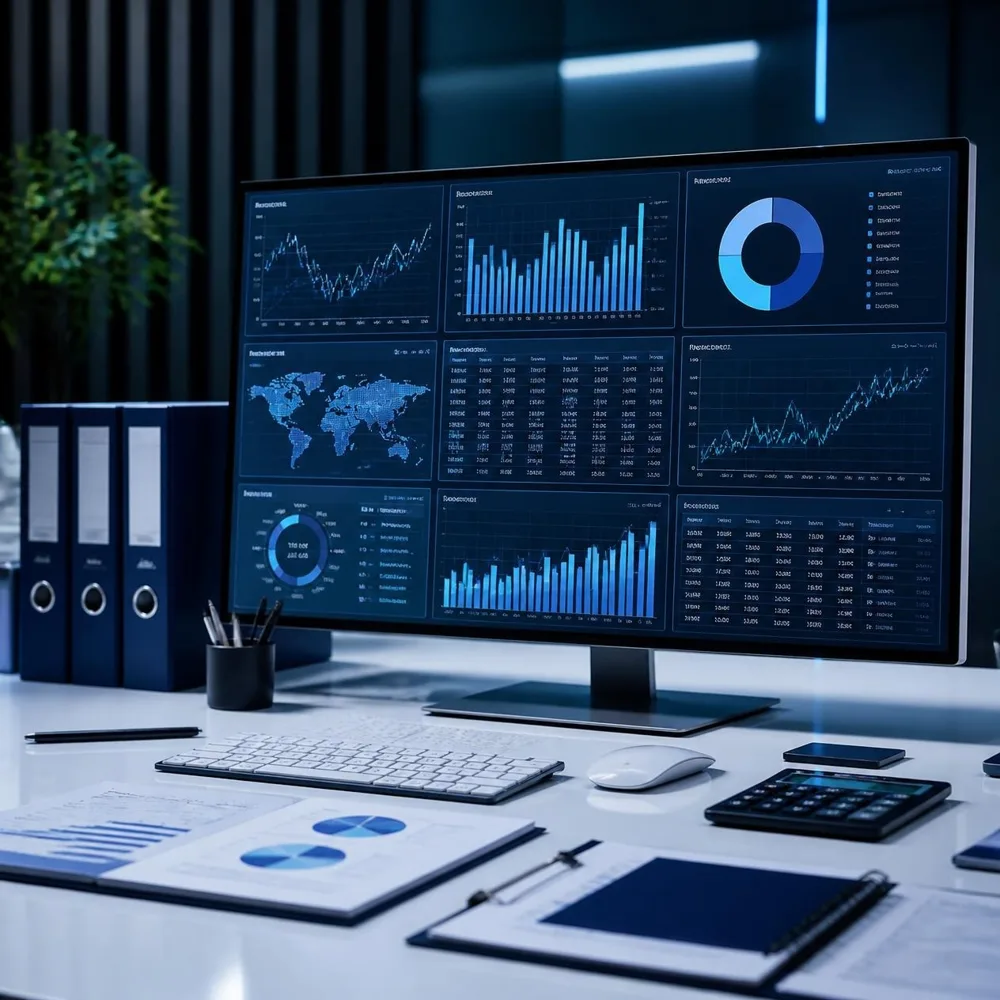 Painel financeiro com gráficos e indicadores em monitor