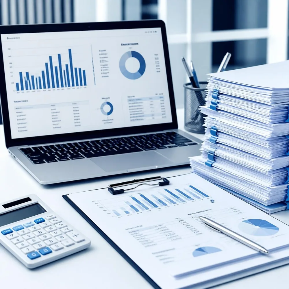 Notebook com gráficos financeiros, calculadora e notas fiscais