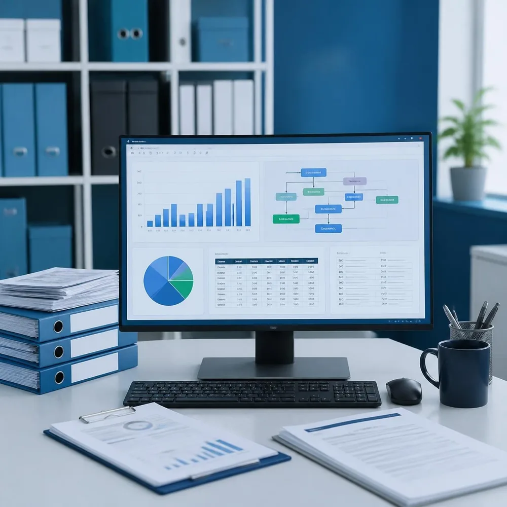 Monitor com painel de processos e indicadores do departamento pessoal