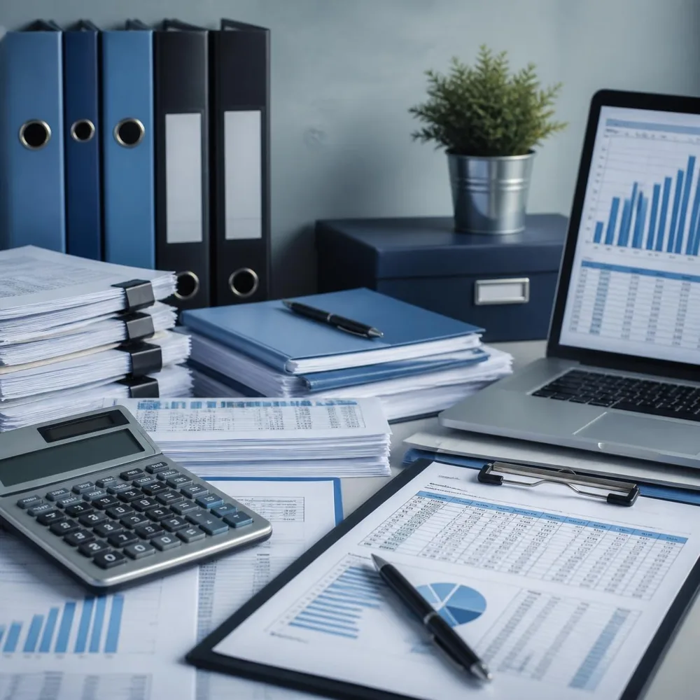 Calculadora, pastas e planilhas de imposto de renda sobre a mesa