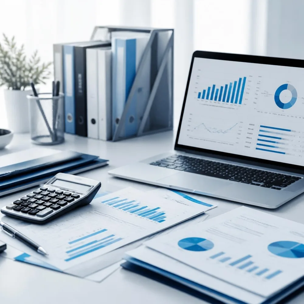 Relatórios com gráficos de economia tributária, calculadora e notebook